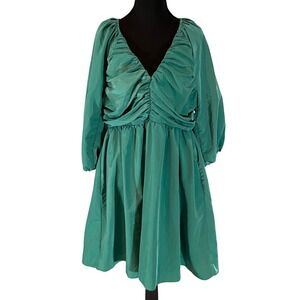 Hyacinth House Emerald Green Ruched V-Neck Balloon Sleeve Fit & Flare Dress XL